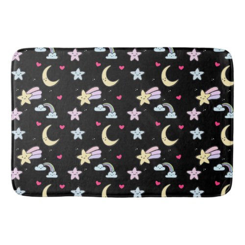 Whimsical Moon Stars and Clouds Pattern on Black Bath Mat