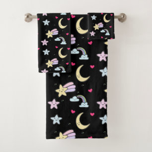 Whimsical Moon, Stars and Clouds Pattern on Black Bath Towel Set