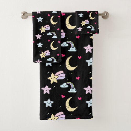 Whimsical Moon Stars and Clouds Pattern on Black Bath Towel Set