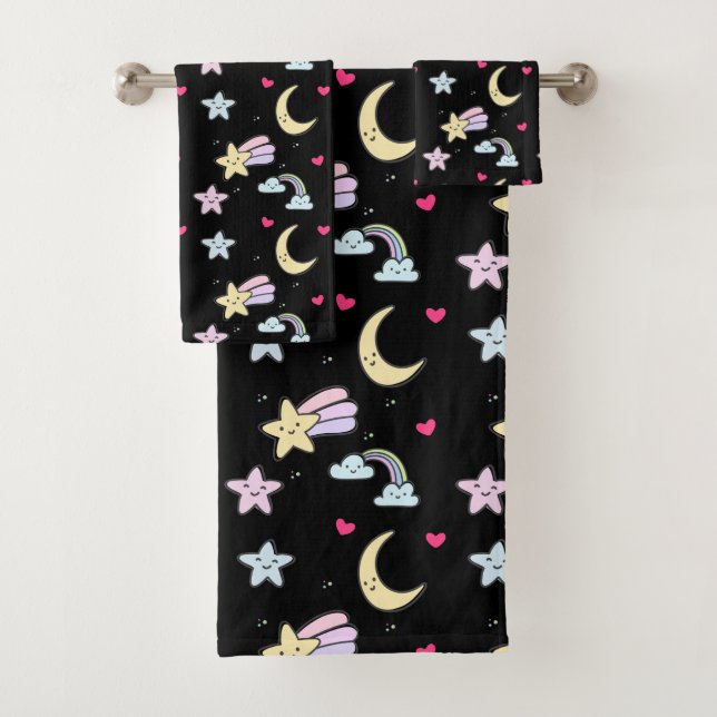 Whimsical Moon, Stars and Clouds Pattern on Black Bath Towel Set (Insitu)