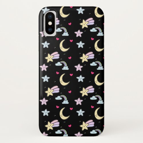 Whimsical Moon Stars and Clouds Pattern on Black iPhone X Case