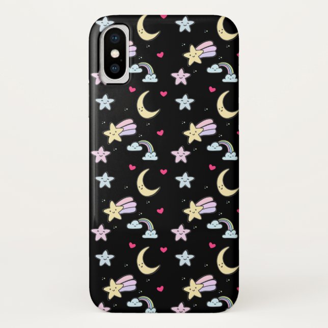 Whimsical Moon, Stars and Clouds Pattern on Black Case-Mate iPhone Case (Back)