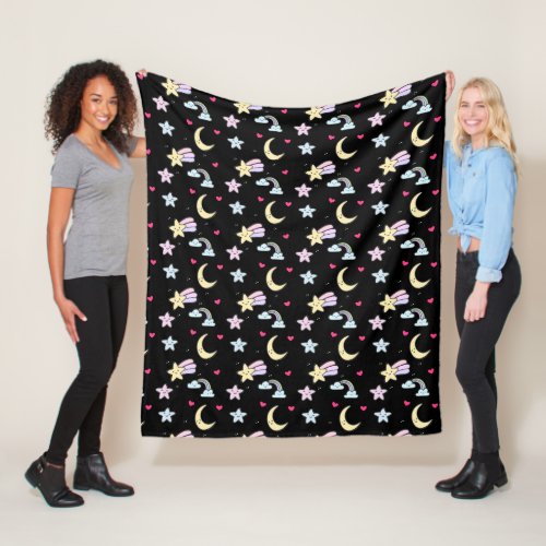 Whimsical Moon Stars and Clouds Pattern on Black Fleece Blanket