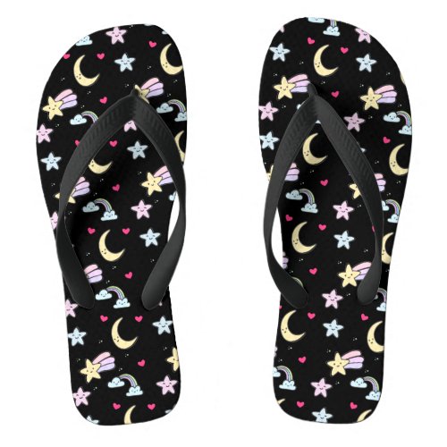 Whimsical Moon Stars and Clouds Pattern on Black Flip Flops