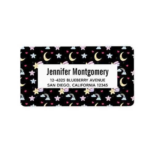 Whimsical Moon Stars and Clouds Pattern on Black Label
