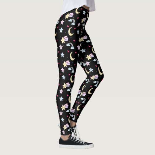 Whimsical Moon Stars and Clouds Pattern on Black Leggings
