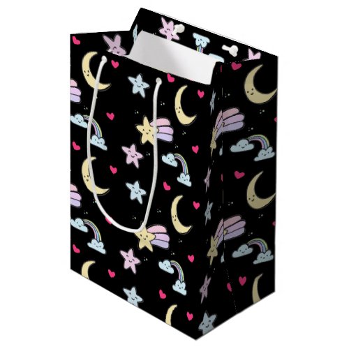 Whimsical Moon Stars and Clouds Pattern on Black Medium Gift Bag