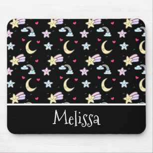 Whimsical Moon, Stars and Clouds Pattern on Black Mouse Pad