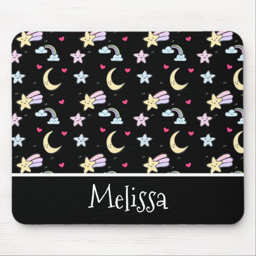 Whimsical Moon Stars and Clouds Pattern on Black Mouse Pad
