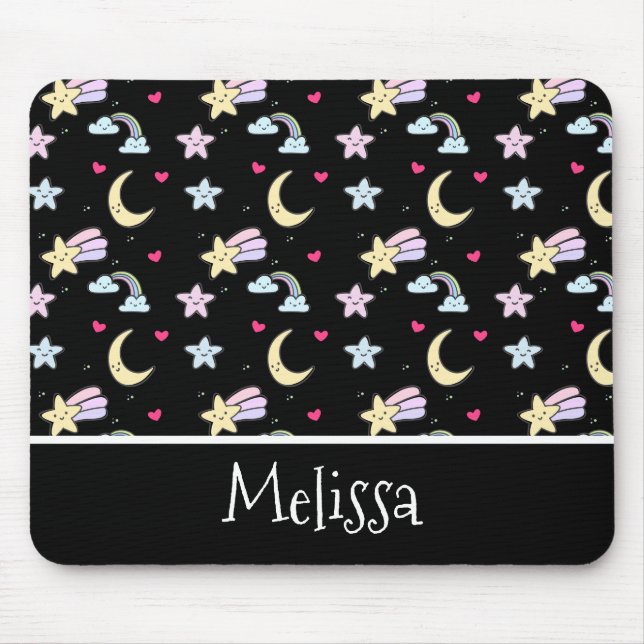 Whimsical Moon, Stars and Clouds Pattern on Black Mouse Pad (Front)