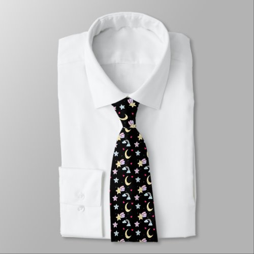 Whimsical Moon Stars and Clouds Pattern on Black Neck Tie