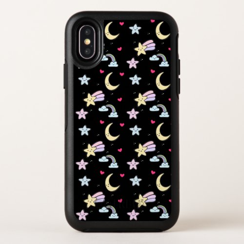 Whimsical Moon Stars and Clouds Pattern on Black OtterBox Symmetry iPhone X Case
