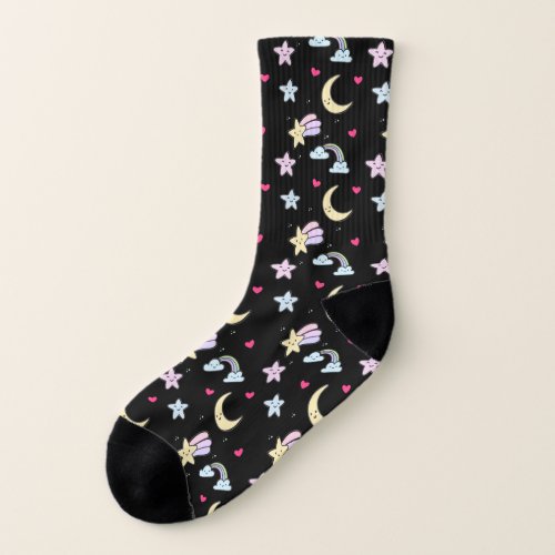 Whimsical Moon Stars and Clouds Pattern on Black Socks