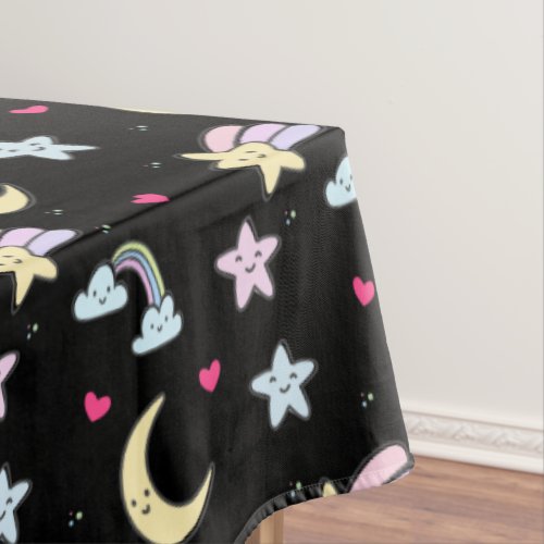 Whimsical Moon Stars and Clouds Pattern on Black Tablecloth