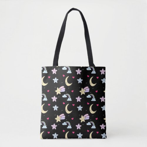 Whimsical Moon Stars and Clouds Pattern on Black Tote Bag