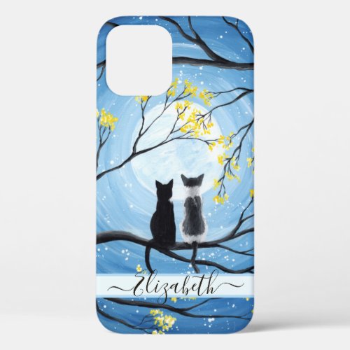 Whimsical Moon with Cats Add Name iPhone 12 Case