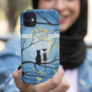 Whimsical Moon with Cats Add Name iPhone 11 Case
