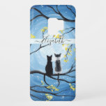 Whimsical Moon with Cats Add Name Case-Mate Samsung Galaxy S9 Case<br><div class="desc">Two cats sitting on a branch watching the full moon with a blue sky filled with stars. The branches of the trees surrounding them with small yellow flowers. Black tuxedo cat and a bi-color white and grey spotted cat. Original Modern Whimsical Acrylic Painting by Donna Leger. All Rights Reserved. ©irony...</div>