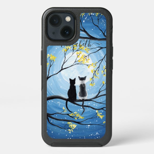 Whimsical Moon with Cats Add Your Name Otterbox iPhone Case (Back)