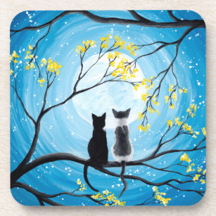 Whimsical Moon with Cats Beverage Coaster
