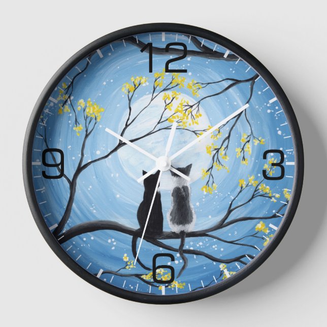 Whimsical Moon with Cats Black Clock (Front)