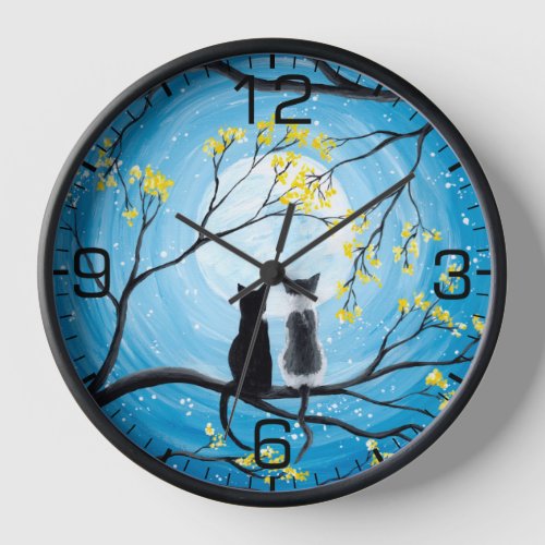 Whimsical Moon with Cats Black Clock