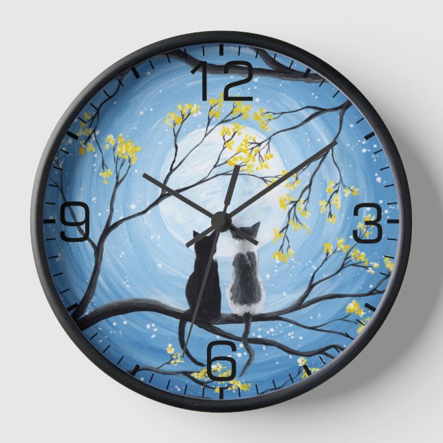Whimsical Moon with Cats Black Clock (Front)