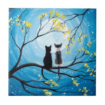 Whimsical Moon With Cats Ceramic Tile by ironydesignphotos at Zazzle