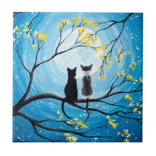 Whimsical Moon with Cats Ceramic Tile