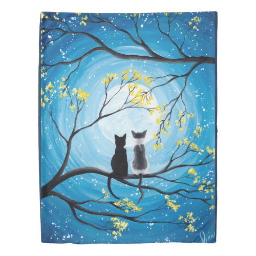 Whimsical Moon with Cats Duvet Cover