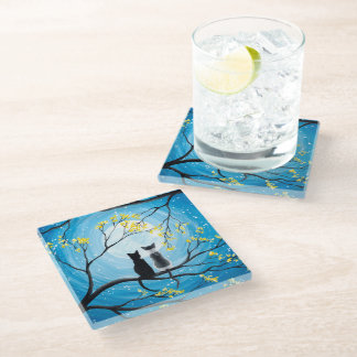 Whimsical Moon with Cats Glass Coaster