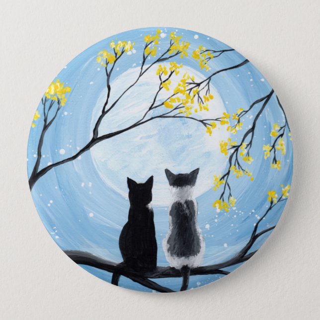 Whimsical Moon with Cats Painting Button (Front)