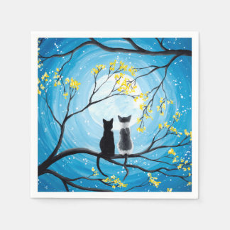 Whimsical Moon with Cats Paper Napkins