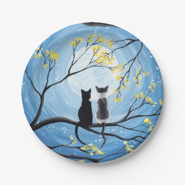 Whimsical Moon with Cats Paper Plates (Front)