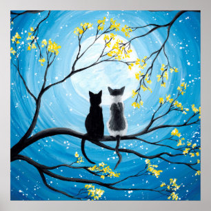 Whimsical Moon with Cats Poster Print