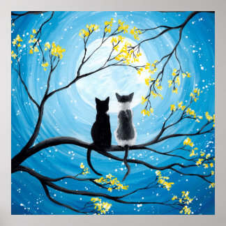 Whimsical Moon with Cats Poster Print