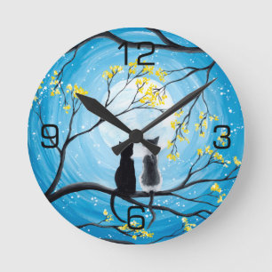 Whimsical Moon with Cats Round Clock