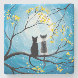 Whimsical Moon with Cats Stone Coaster