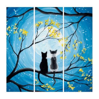 Whimsical Moon with Cats Triptych