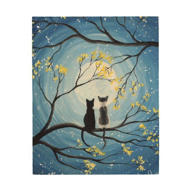 Whimsical Moon with Cats Wood Wall Art (Front)