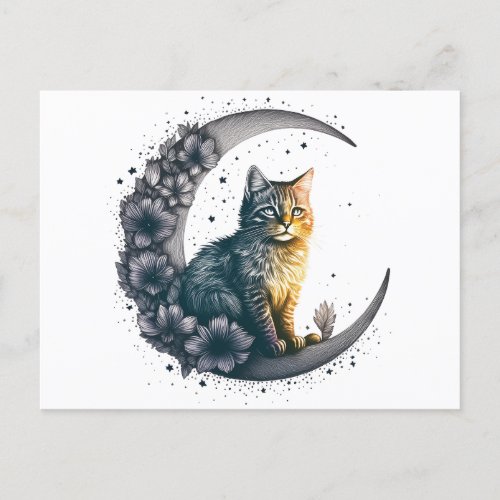 Whimsical Moonlit Cat Art Postcard