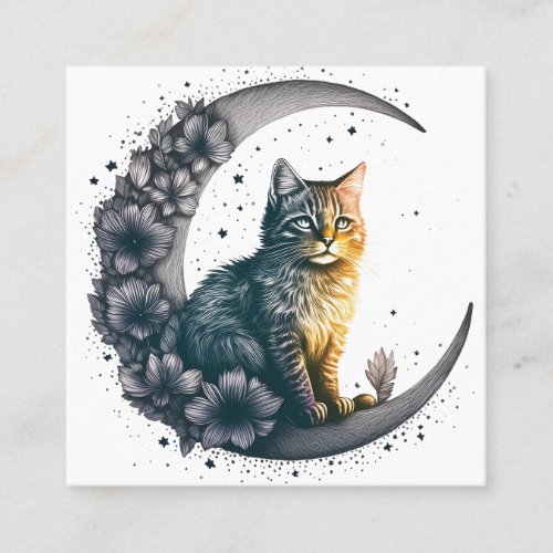 Whimsical Moonlit Cat Art Square Business Card