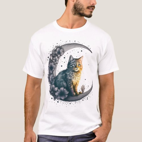 Whimsical Moonlit Cat Art T_Shirt