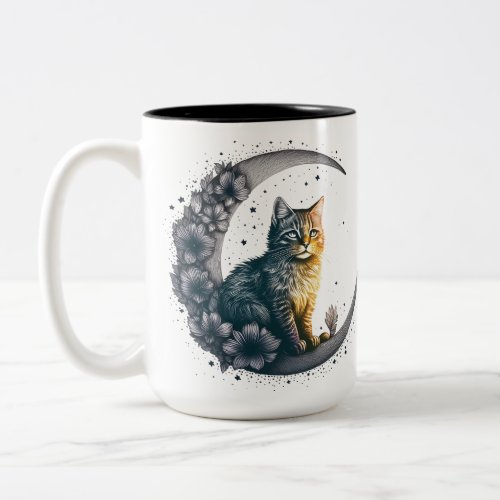 Whimsical Moonlit Cat Art Two_Tone Coffee Mug