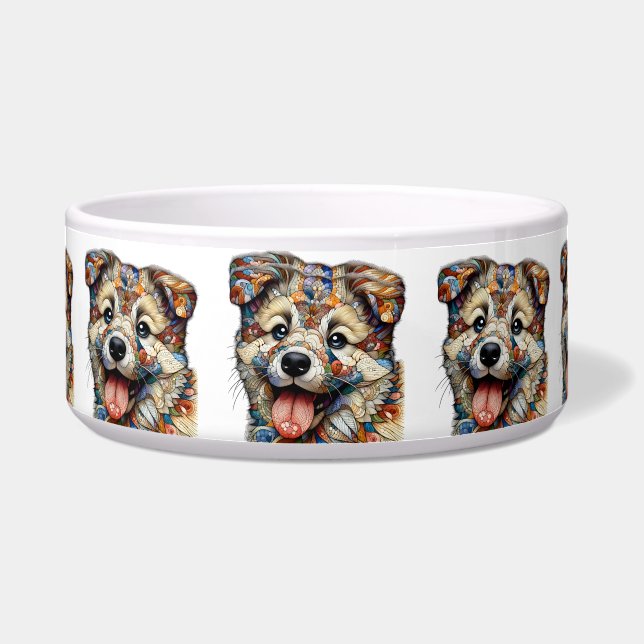 Whimsical Mosaic style patterned dog Bowl (Front)