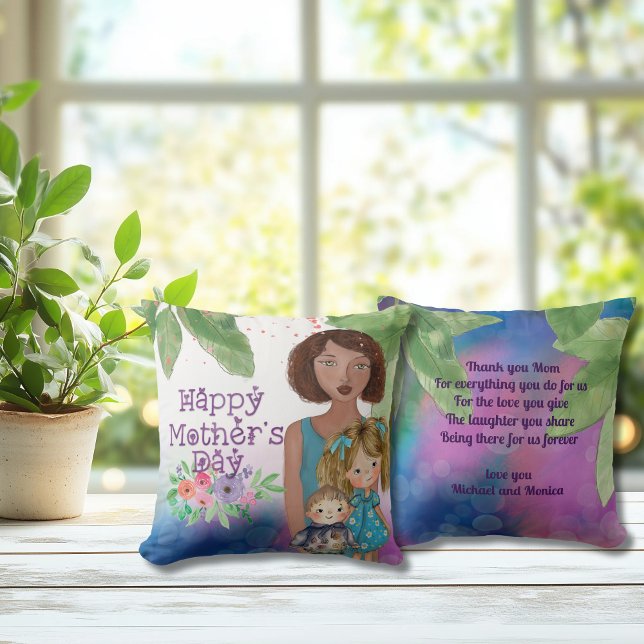 Whimsical Mother with kids | Mother's Day  Throw Pillow (Whimsical Mother with kids  Mother's Day Throw Pillow)