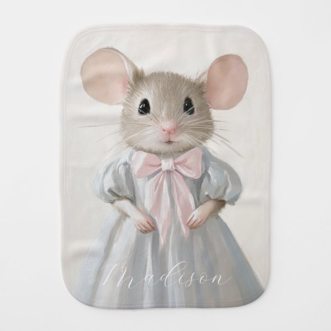 Whimsical Mouse Cute Personalized Baby Name Baby Burp Cloth (Front)