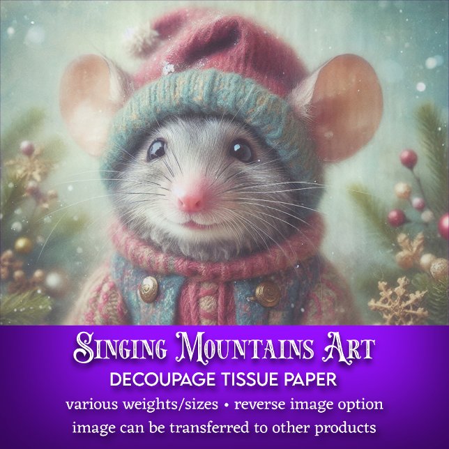 Whimsical Mouse in Festive Christmas Hat Decoupage Tissue Paper (Creator Uploaded)