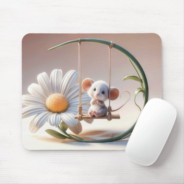 Whimsical Mouse On a Daisy Swing Mouse Pad (With Mouse)