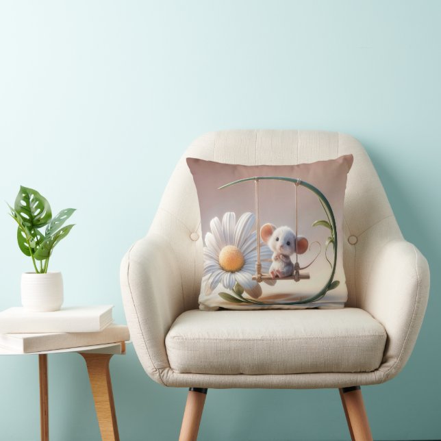 Whimsical Mouse On a Daisy Swing Throw Pillow (Chair)